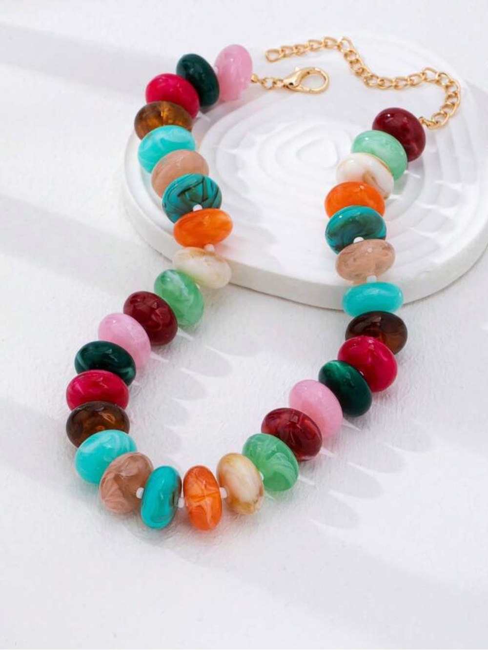 New! Multicolored Coastal Beaded Resin Marbled Disk Dopamine Statement Necklace - Picture 2 of 11